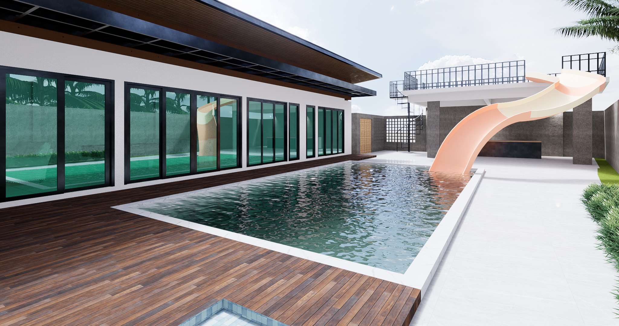 Design render of Khanom Pool Villa: Pool and deck perspective