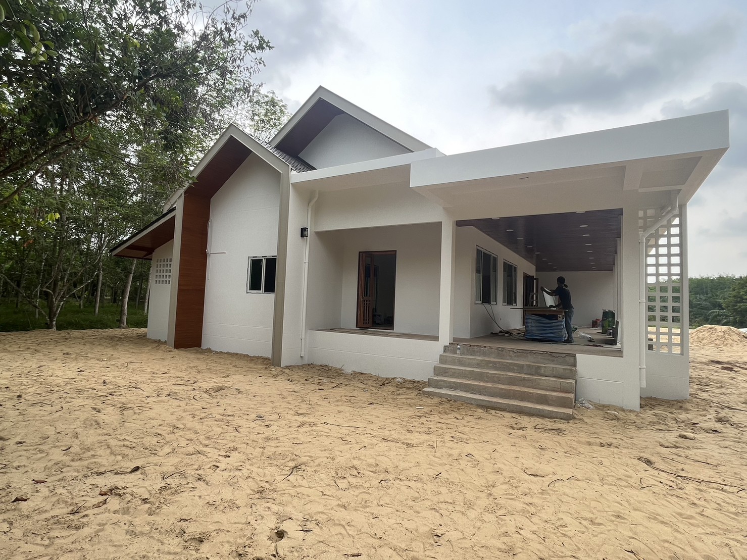 Site photograph of the Na Reng house: Entrance steps and gabled roofs