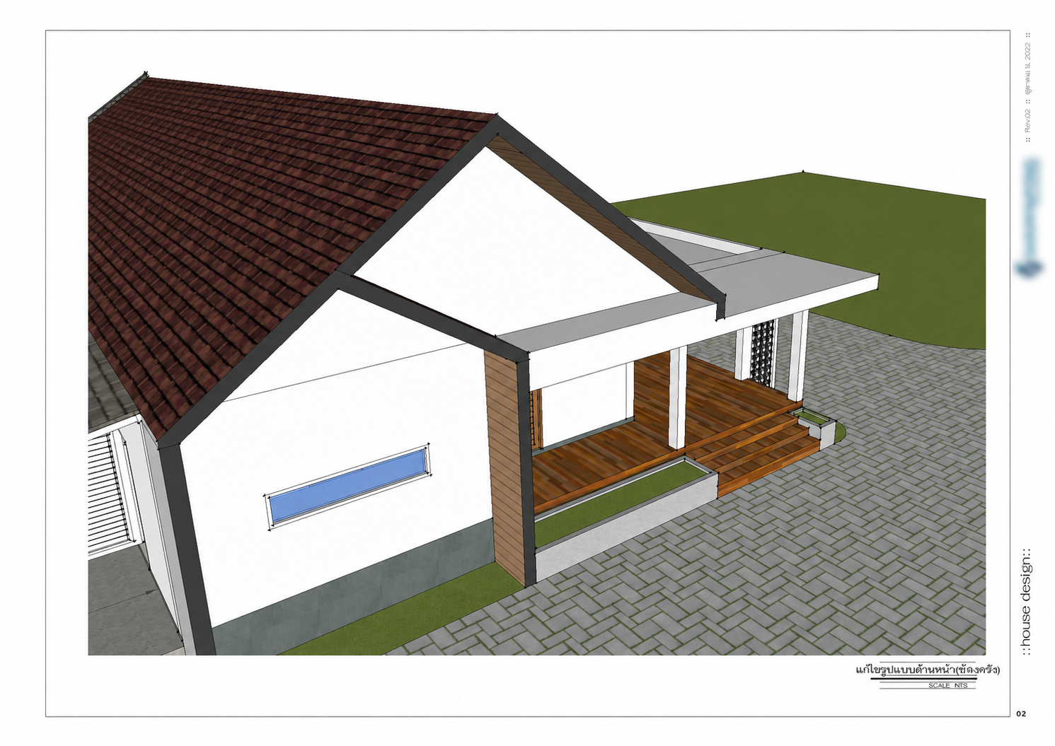 3D design view of the Na Reng house: Elevated entrance view