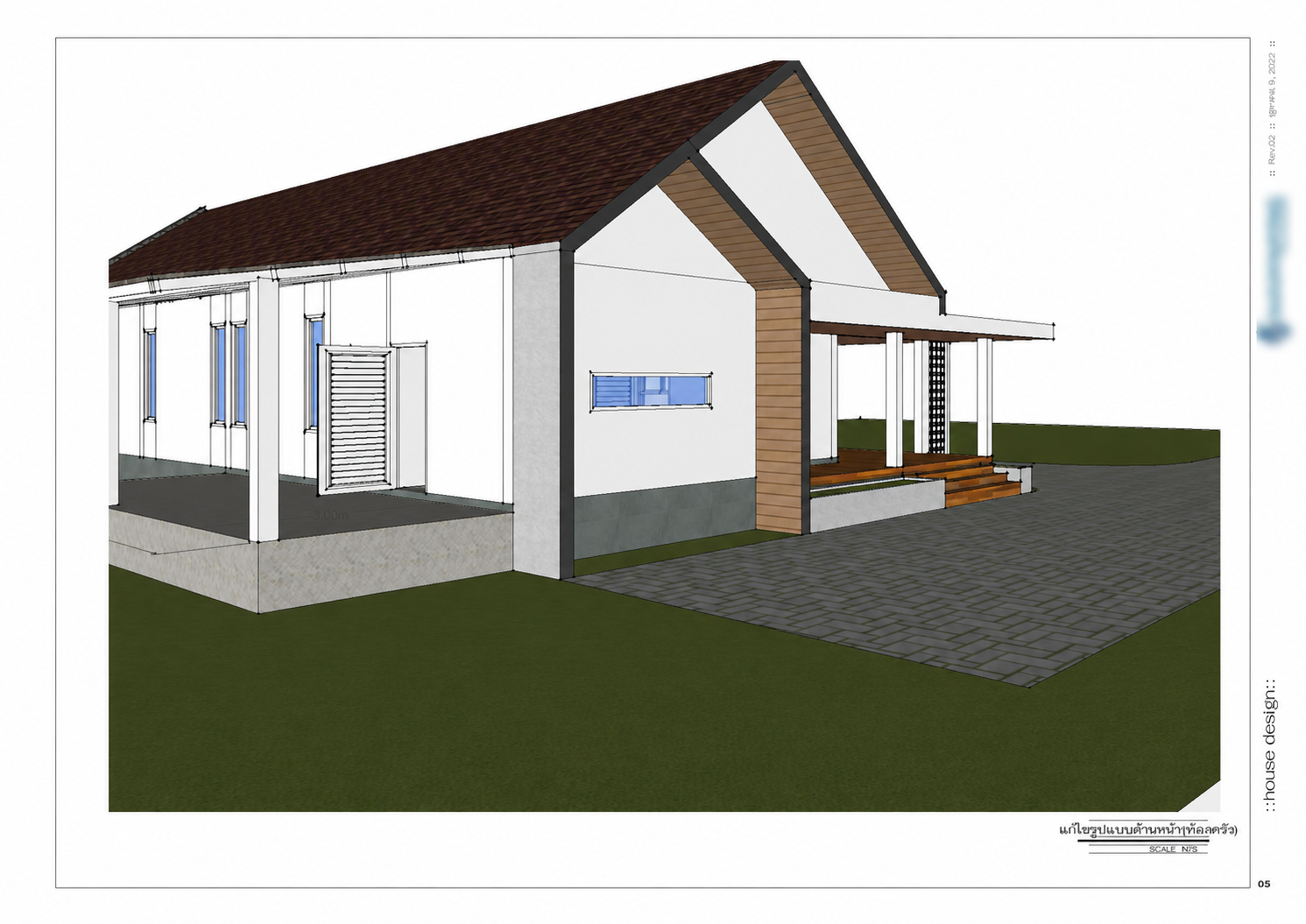 3D design view of the Na Reng house: Side perspective