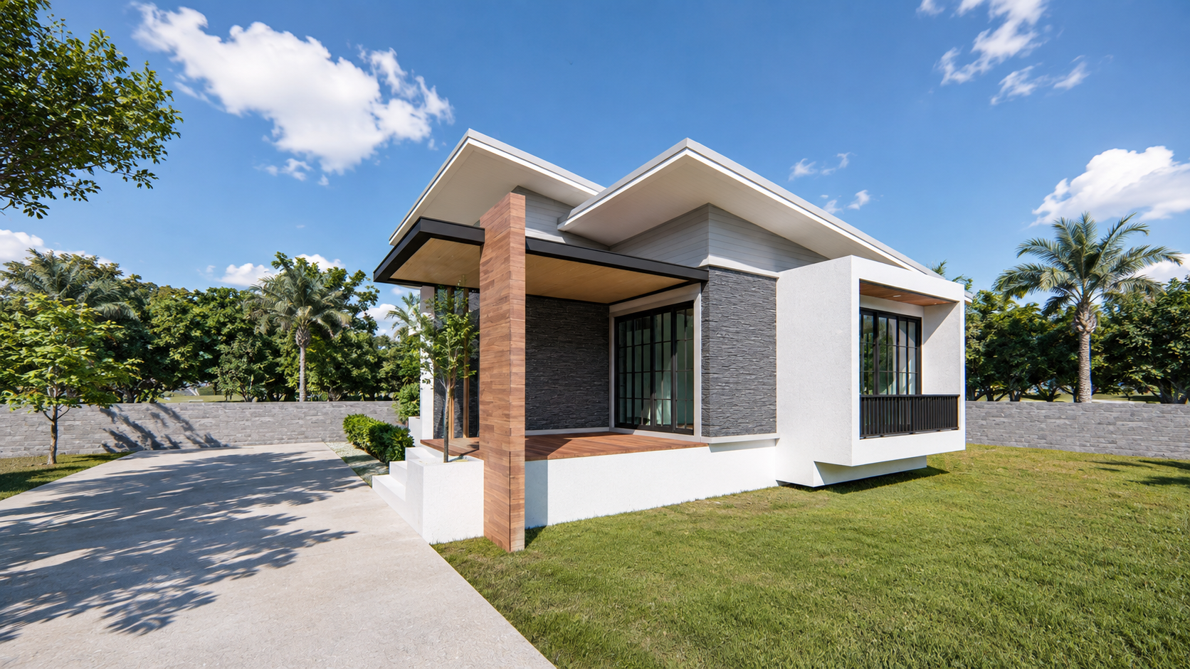 Design render — entrance perspective of the single-storey house