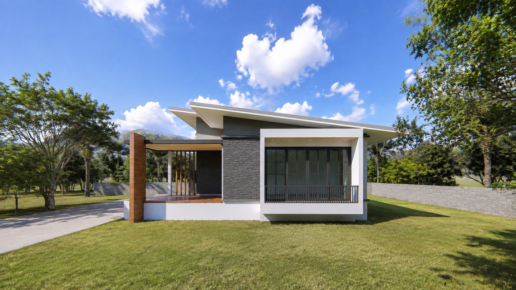 Design render — garden elevation of the single-storey house