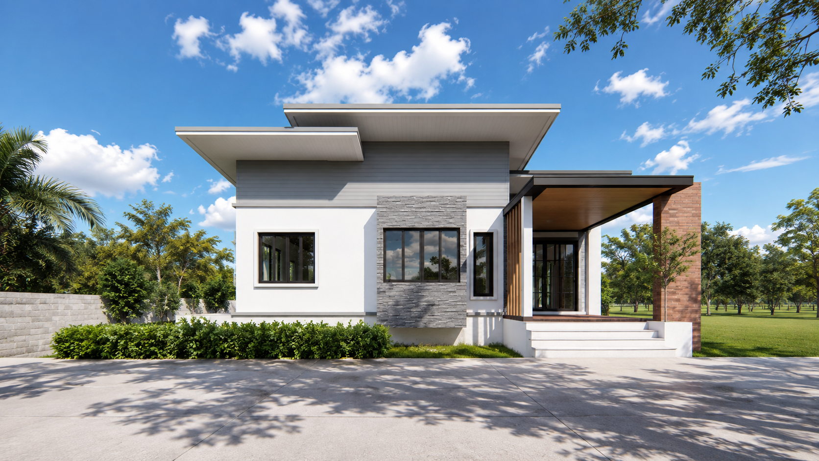 Design render — entrance elevation of the single-storey house