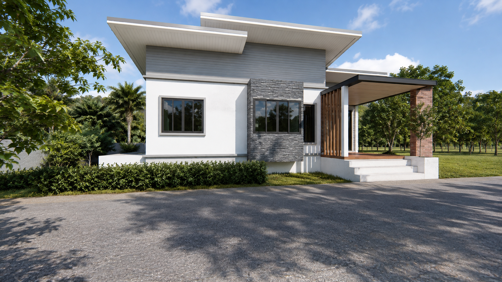 Design render — porch and roofline of the single-storey house