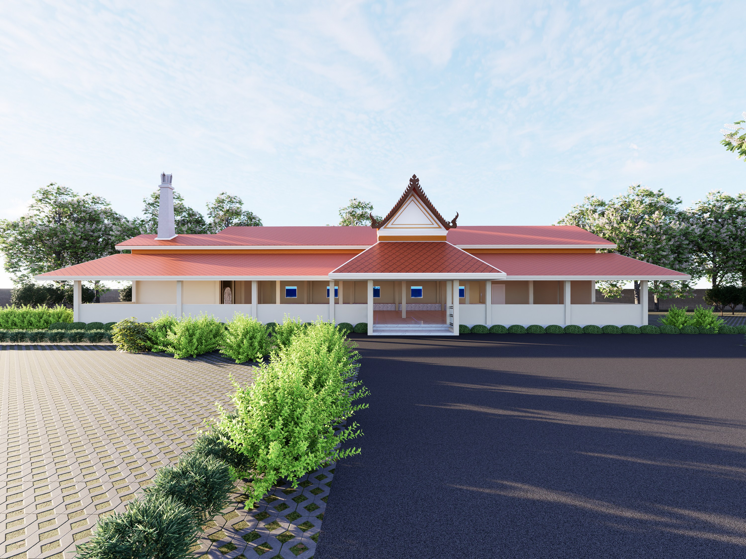 Design render of the multipurpose temple pavilion: Front approach
