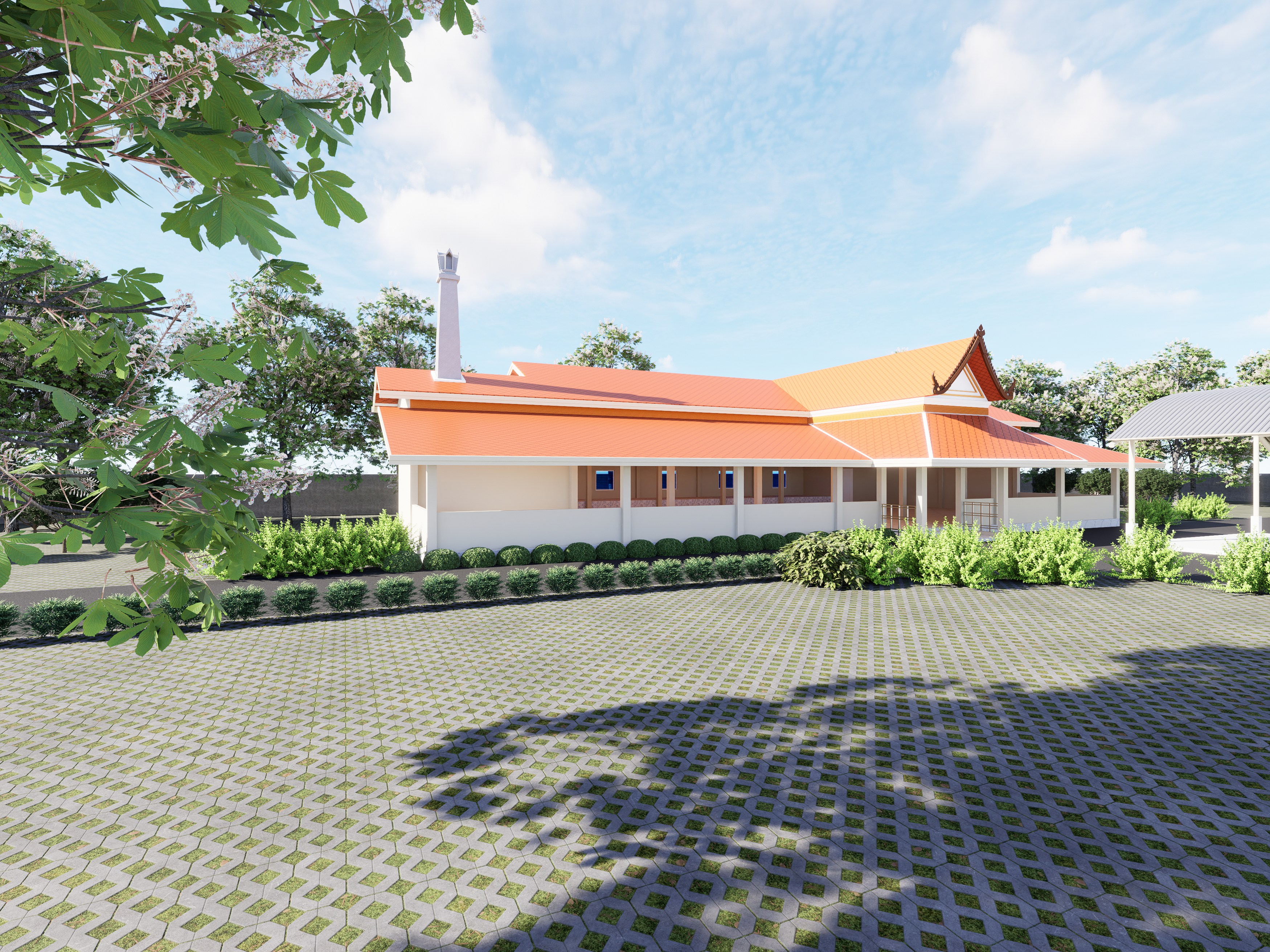 Design render of the multipurpose temple pavilion: Landscaped forecourt