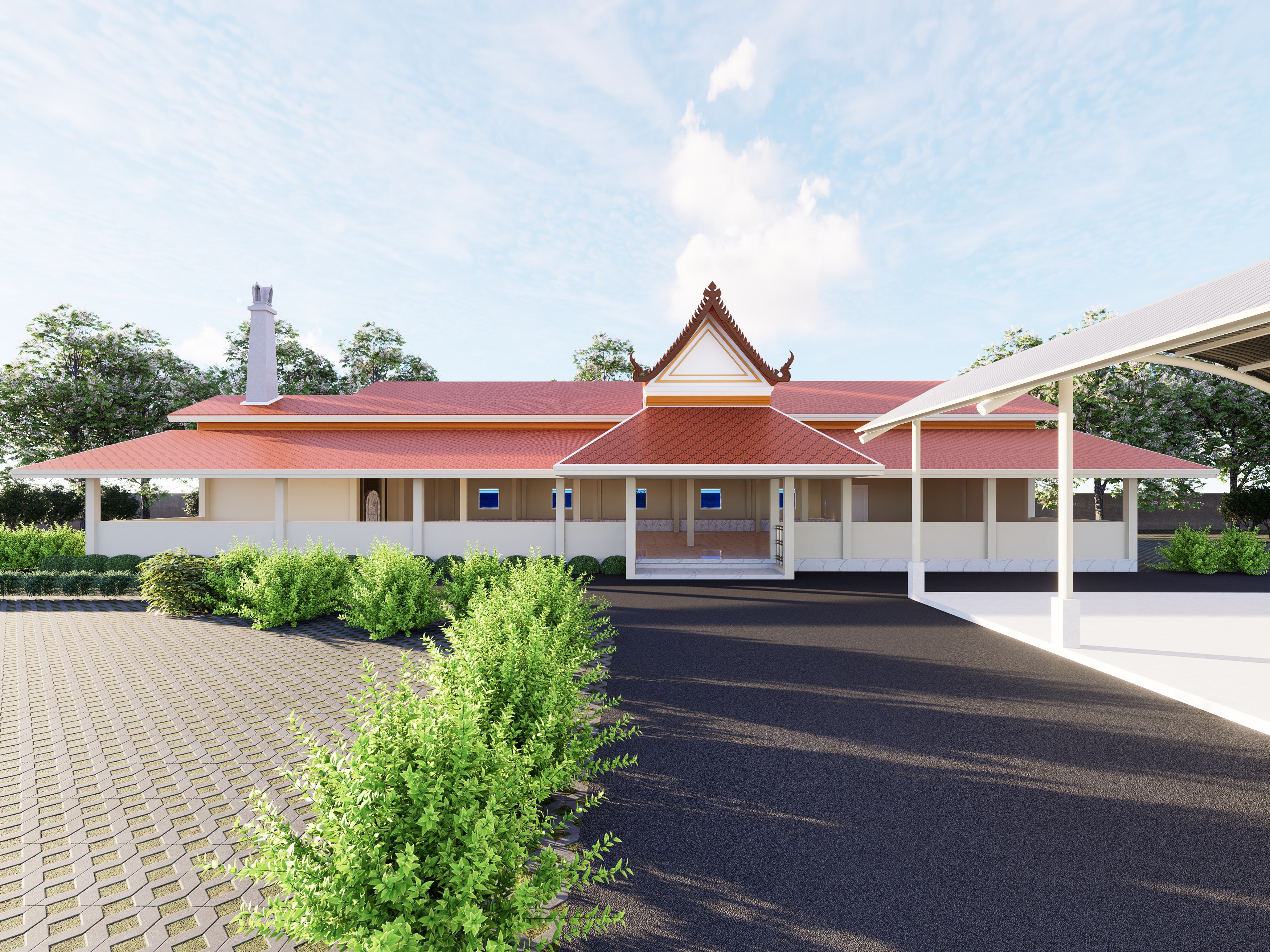 Design render of the multipurpose temple pavilion: Entrance and adjoining canopy