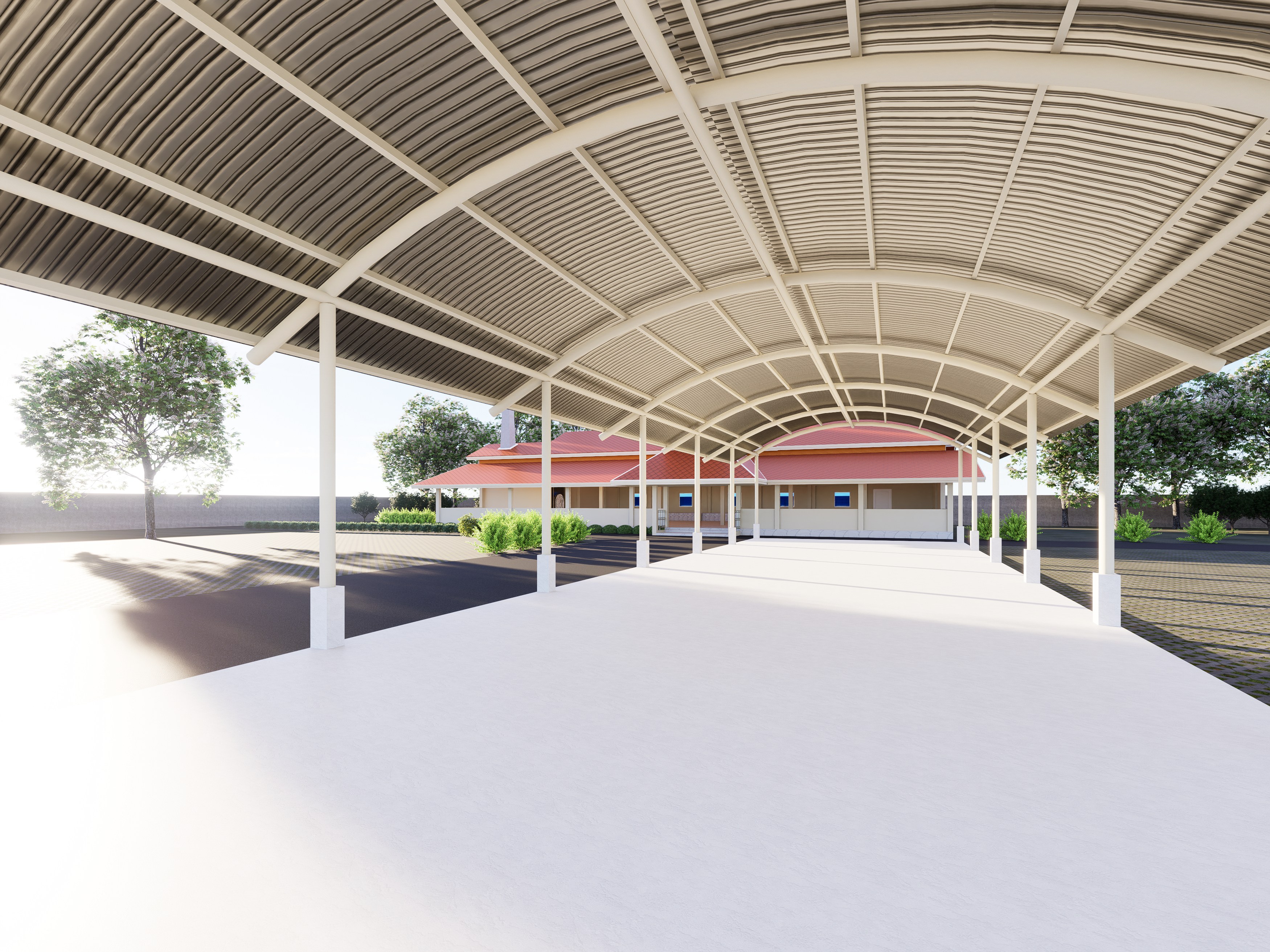 Design render of the multipurpose temple pavilion: Covered gathering space