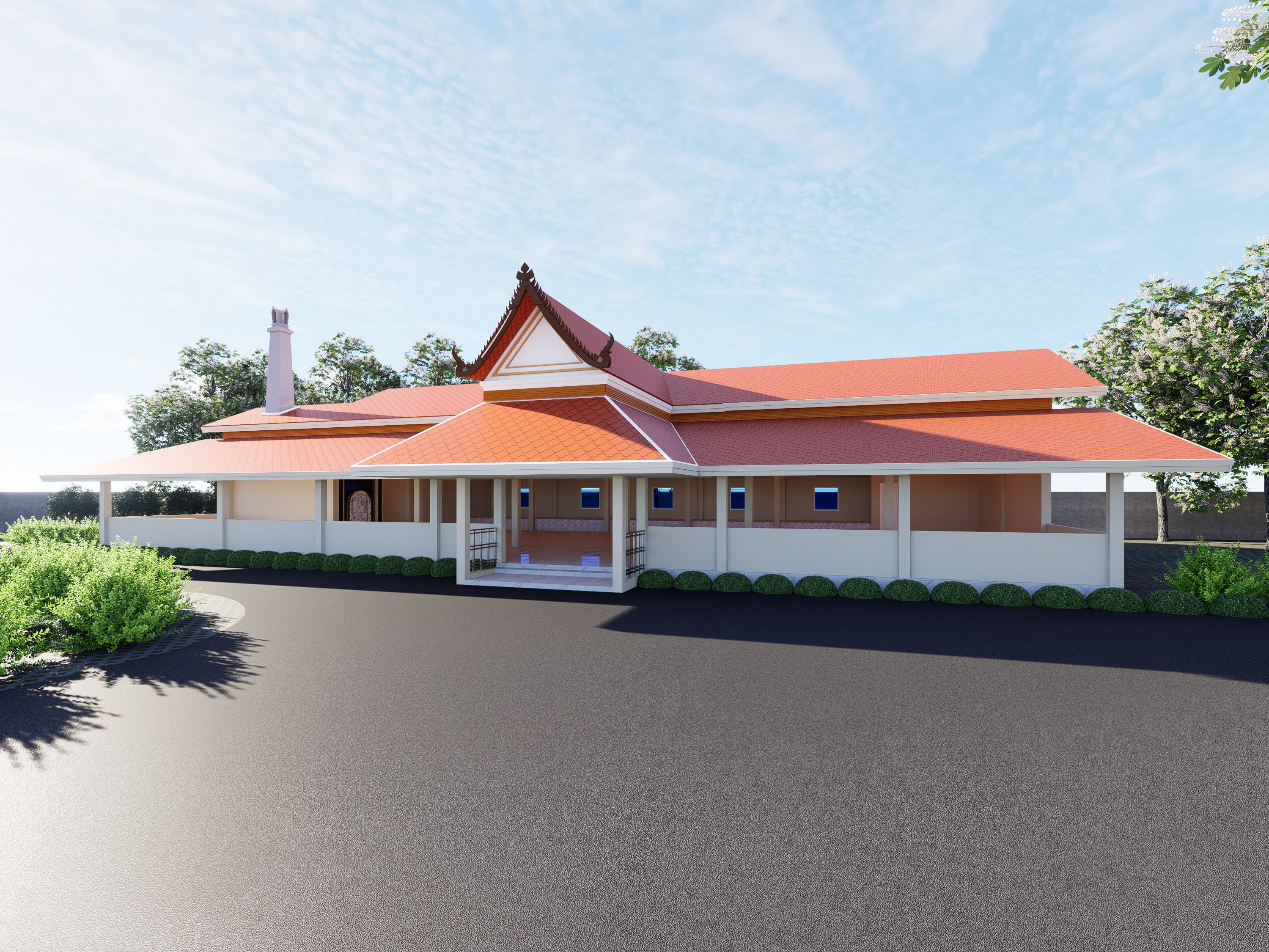 Design render of a multipurpose temple pavilion with a Thai-style gabled entrance and orange tiled roofs