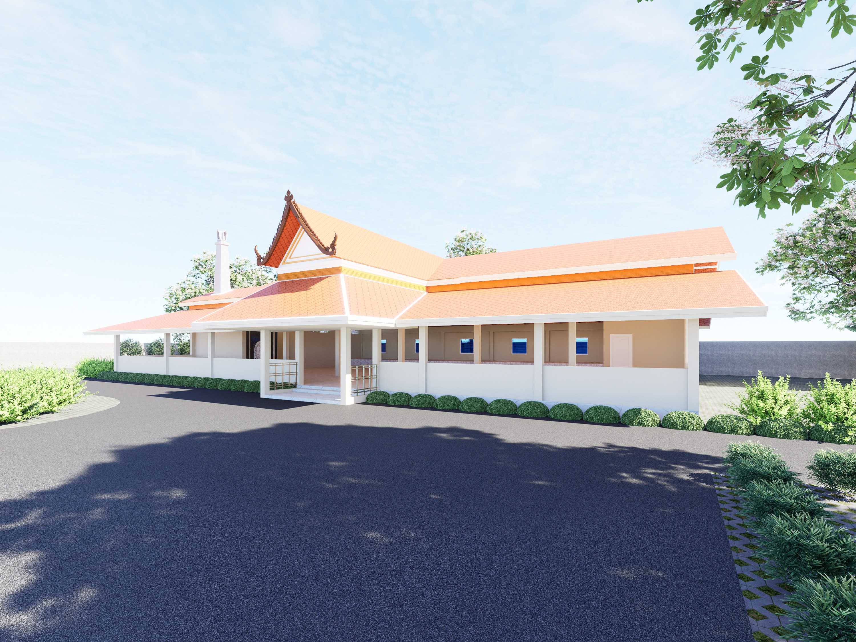 Design render of the multipurpose temple pavilion: Opposite entrance perspective