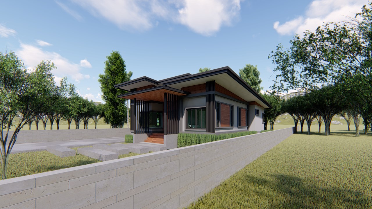 Design render of the Thasala house: Garden perspective