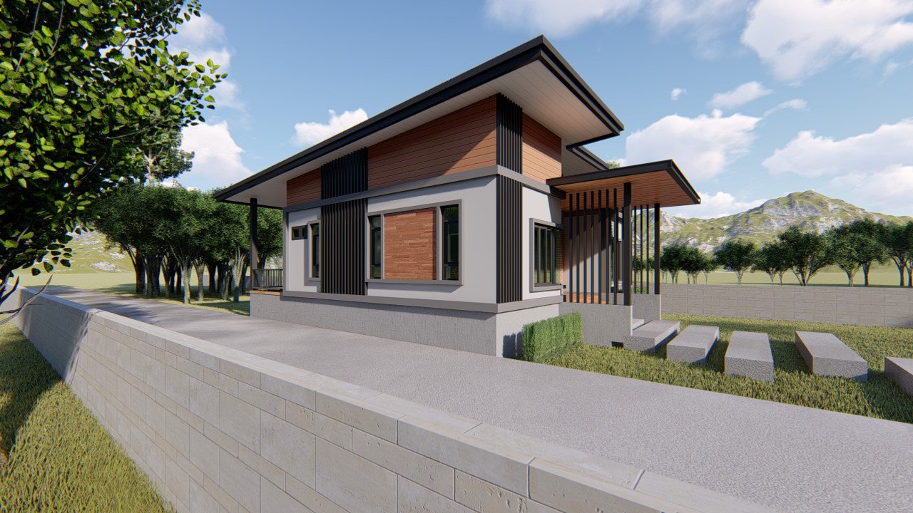 Design render of the Thasala house: Side perspective