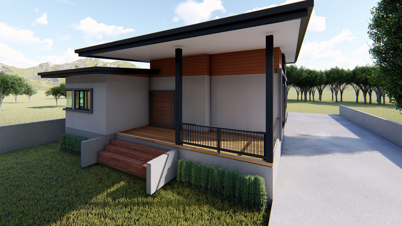 Design render of the Thasala house: Side porch