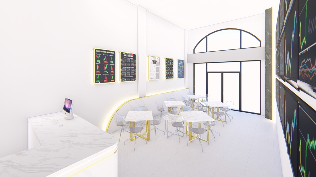 Design render of Trader Office: Entrance and seating