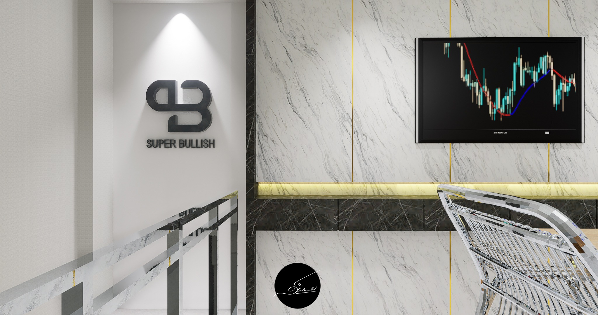 Design render of Trader Office: Display wall design