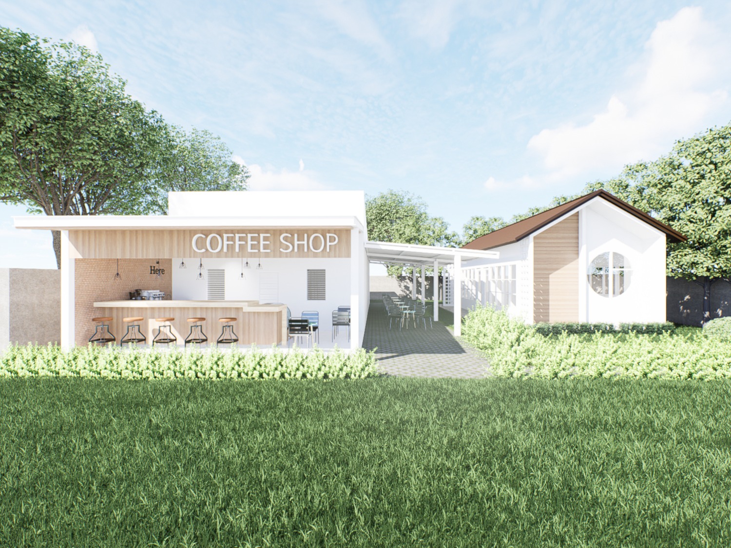 Design render of Tutoring School: School and cafe frontage