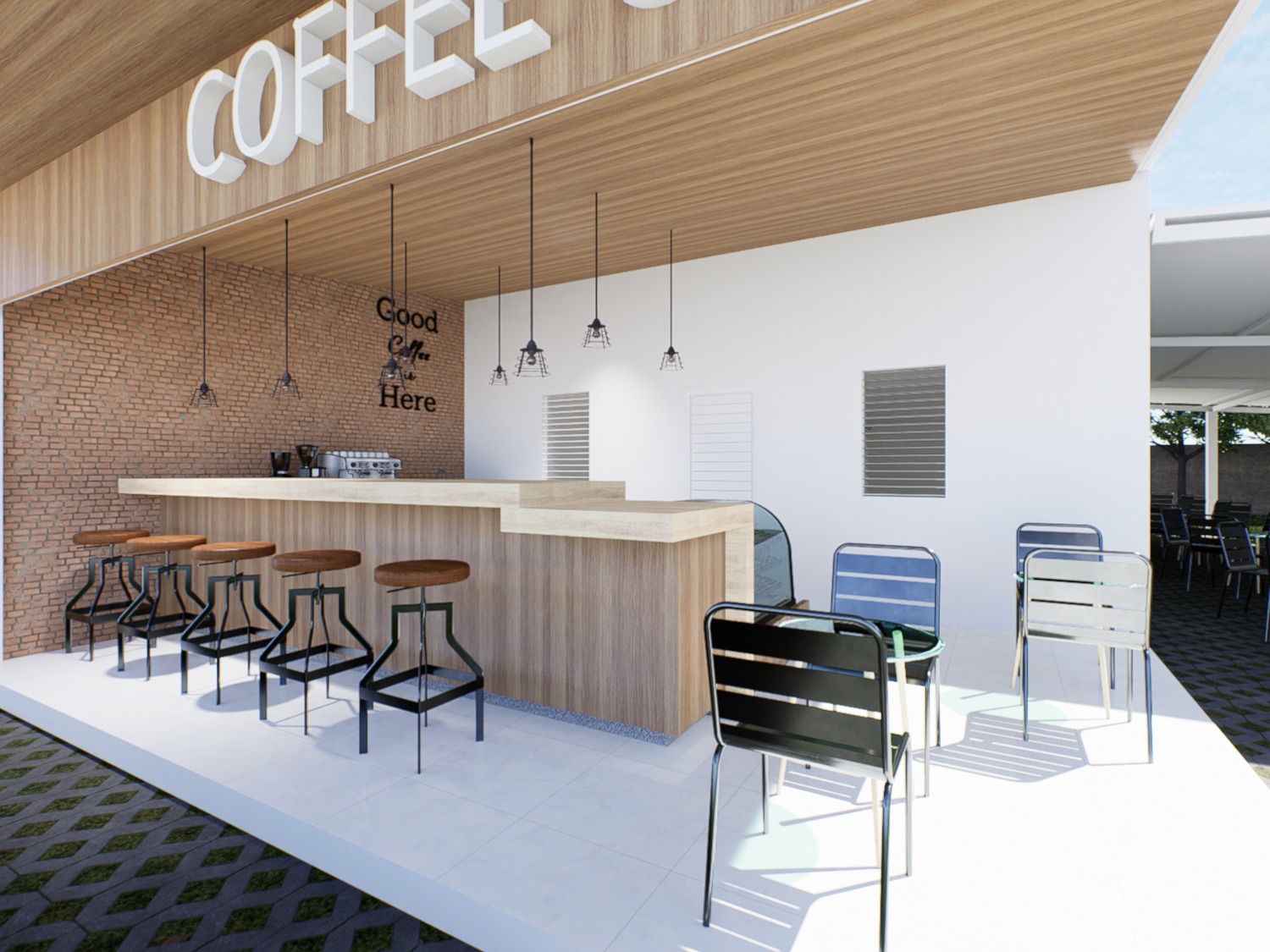 Design render of Tutoring School: Counter and stools